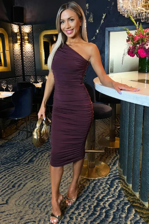 Plum One Shoulder Bodycon Ruched Midi Dress