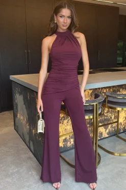 Plum Pleated Halter Neck Draped Waist Detail Jumpsuit