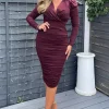 Plum Ruched Long Sleeve Cross Front Midi Dress