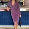 Plum Sparkle Long Sleeve Draped Waist Wrap Midi Dress