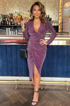 Plum Sparkle Long Sleeve Draped Waist Wrap Midi Dress