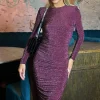 Plum Sparkly Long Sleeve Ruched Midi Bodycon Dress