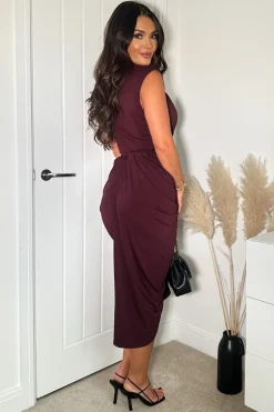 Plum Wrap Draped Midi Dress