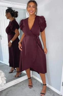 Plum Wrap Over Tie Midi Dress