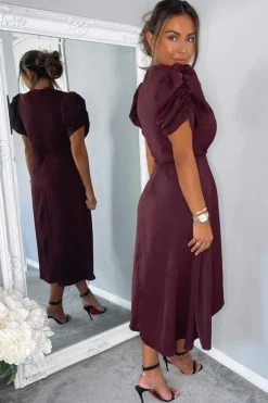 Plum Wrap Over Tie Midi Dress