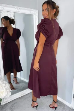 Plum Wrap Over Tie Midi Dress