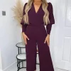 Plum Wrap Top Long Sleeve Culotte Jumpsuit