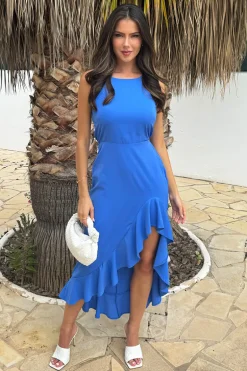 Powder Blue Racer Neck High Low Frill Hem Midi Dress