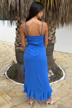 Powder Blue Racer Neck High Low Frill Hem Midi Dress