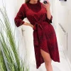 Red and Black Animal Print Tie Front Midi Dress