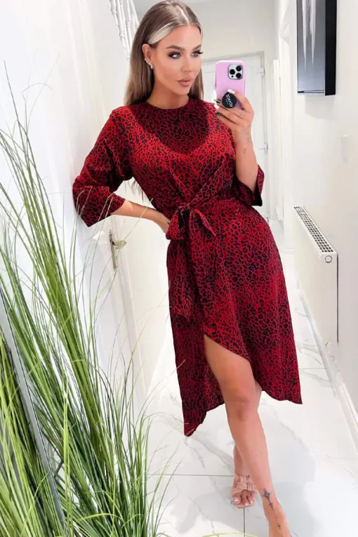 Red and Black Animal Print Tie Front Midi Dress