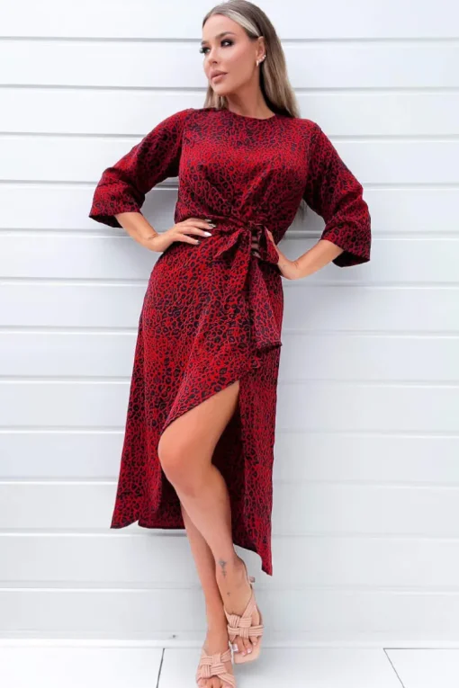 Red and Black Animal Print Tie Front Midi Dress