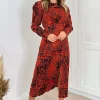 Red And Black Printed Long Sleeve Midi Dress