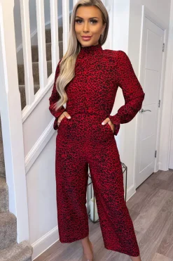 Red Animal Print Elasticated Neck Jumpsuit