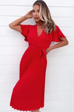 Red Belted Pleated Skirt Midi Dress
