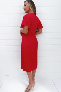 Red Belted Pleated Skirt Midi Dress