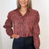 Red Ditsy Floral Grouped Sleeve Shirt