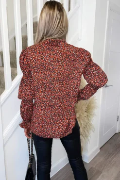 Red Ditsy Floral Grouped Sleeve Shirt