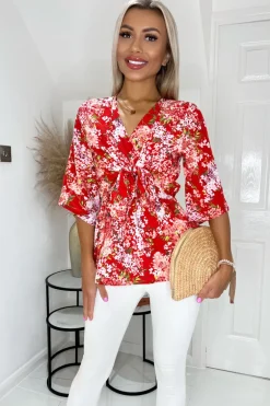 Red Floral Front Tie Wrap Top