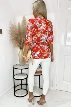 Red Floral Front Tie Wrap Top