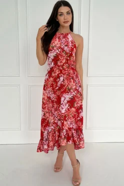 Red Floral Printed Frill Hem High Neck Midi Dress