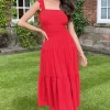 Red Frill Strap Tiered Midi Dress