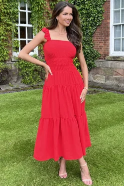 Red Frill Strap Tiered Midi Dress
