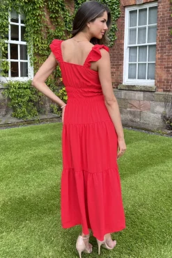 Red Frill Strap Tiered Midi Dress