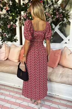 Red Multi Floral Printed Puff Sleeve Midi Dress