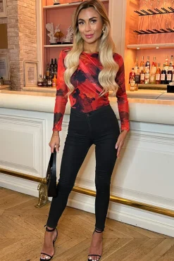 Red Printed Mesh Long Sleeve Bodysuit