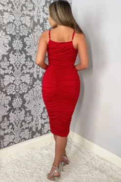 Red Ruched Pleated Top Midi Dress