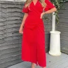 Red Ruched Split Leg Midi Dress