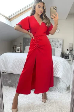 Red Ruched Split Leg Midi Dress