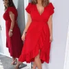 Red Wrap Over Frill Hem Short Sleeve Midi Dress