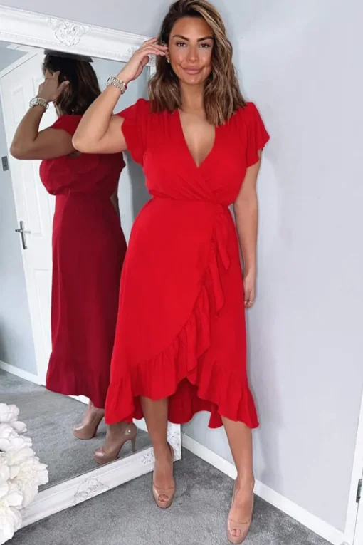 Red Wrap Over Frill Hem Short Sleeve Midi Dress