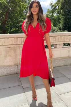 Red Wrap Over Tie Midi Dress