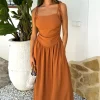 Rust Drawstring Tie Straps Ruched Top Midi Dress