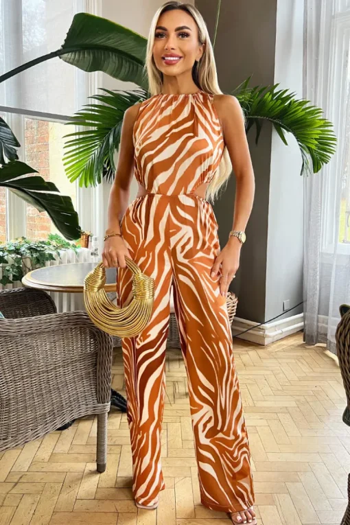 Rust Printed Cut Out Jumpsuit