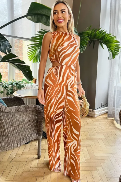 Rust Printed Cut Out Jumpsuit