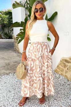 Stone And Cream Abstract Print 2 In 1 Smock Midi Dress