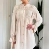 Stone Long Sleeve Gathered Detail Button Front Dress