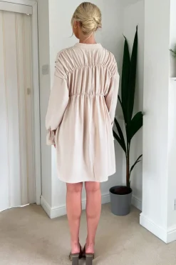 Stone Long Sleeve Gathered Detail Button Front Dress