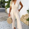 Stone Wrap Top Flutter Sleeve Belted Jumpsuit