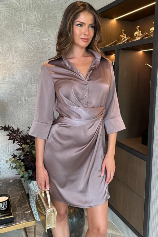 Taupe 3/4 Sleeves Gathered Waist Detail Satin Mini Dress