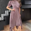 Taupe High Neck Puff Sleeve Zig Zag Hem Pleated Midi Dress