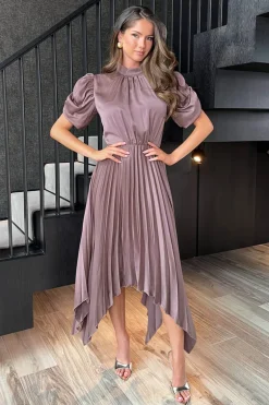 Taupe High Neck Puff Sleeve Zig Zag Hem Pleated Midi Dress
