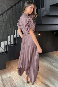 Taupe High Neck Puff Sleeve Zig Zag Hem Pleated Midi Dress