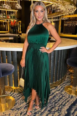 Teal Halter Neck Zig Zag Hem Pleated Midi Dress