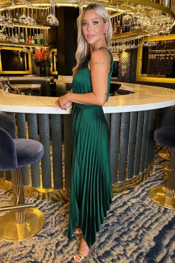 Teal Halter Neck Zig Zag Hem Pleated Midi Dress