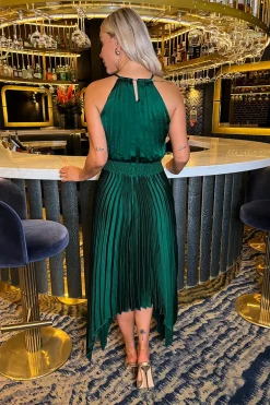 Teal Halter Neck Zig Zag Hem Pleated Midi Dress